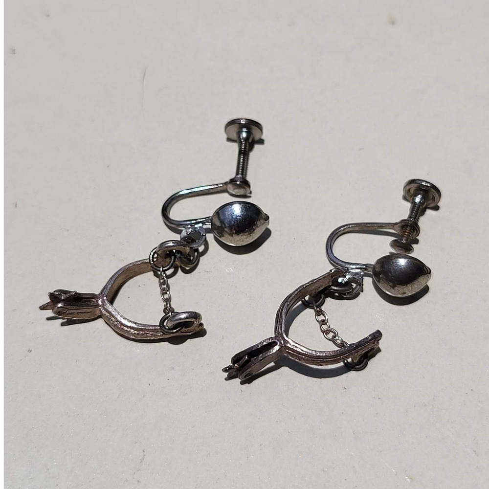 Vintage 925 Sterling Silver Southwest Spur Screw Back Earrings Silver Small